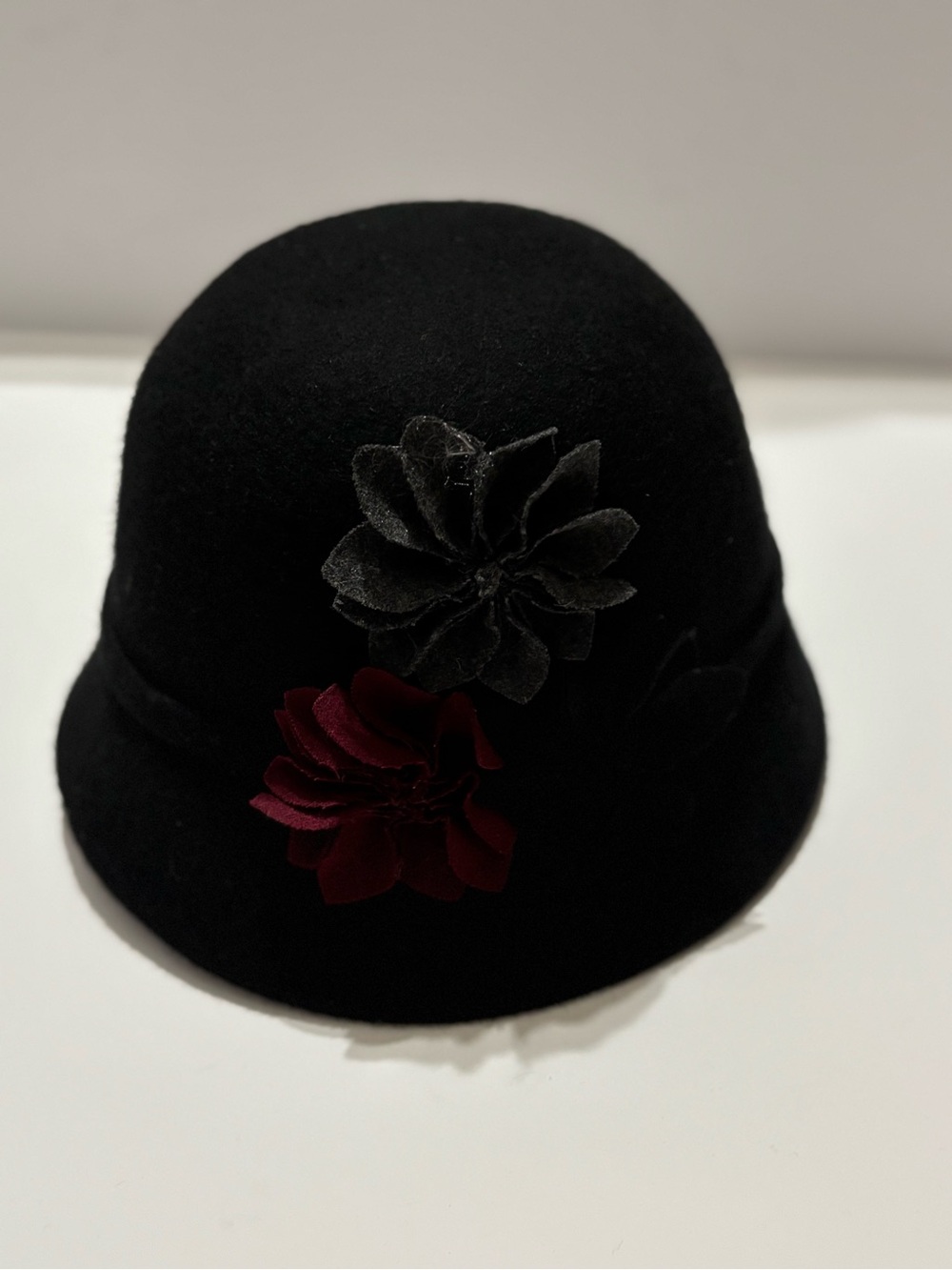 Vintage wool Classic Black Cloche Hat with Floral Accents